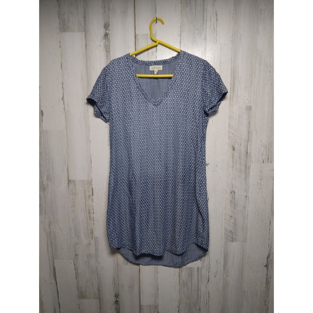 Cloth & Stone Chambray Geometric V-Neck Shirt Dress Blue Tencel Lyocell Sz Small